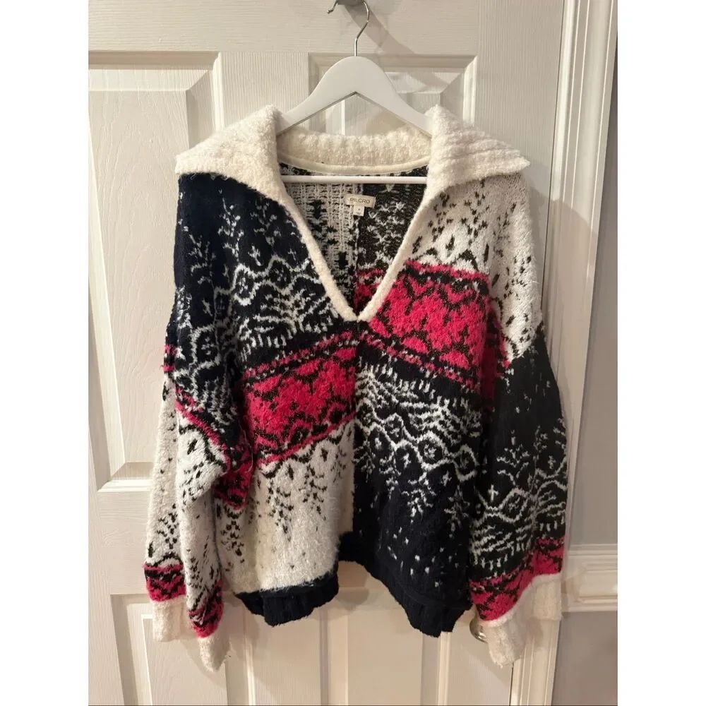 Anthropologie Pilcro Navy White Pink Nordic Print Thick Johnny Collar Sweater sz